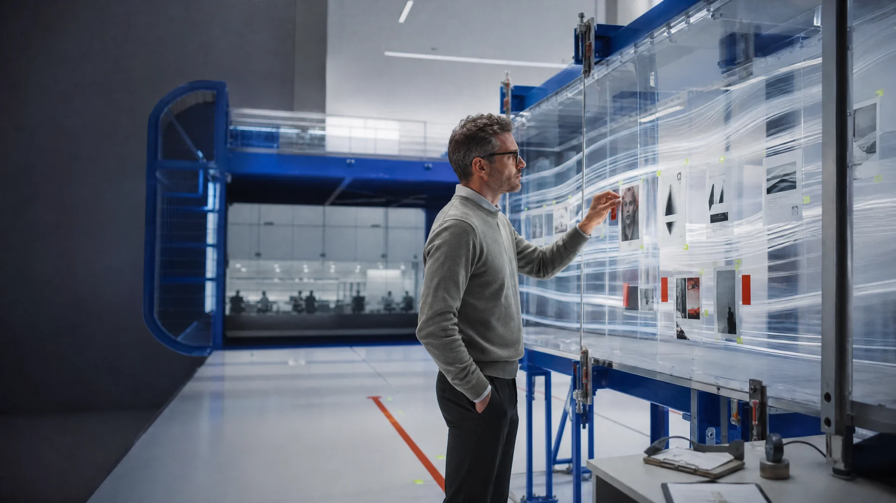 Campaign analyst working inside a bright full-scale message testing laboratory