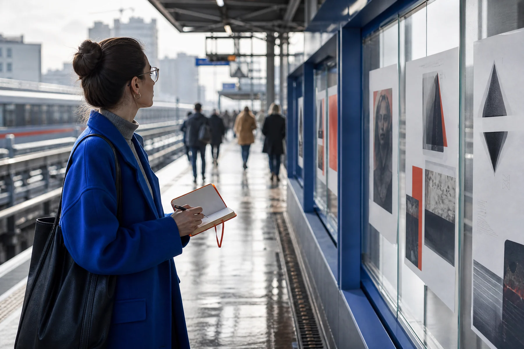 Researcher studying public campaign messages on a contemporary rail platform