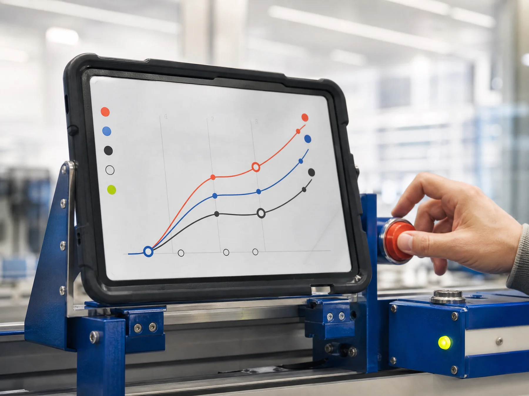 Tablet displaying abstract campaign flow vectors on a cobalt calibration stand