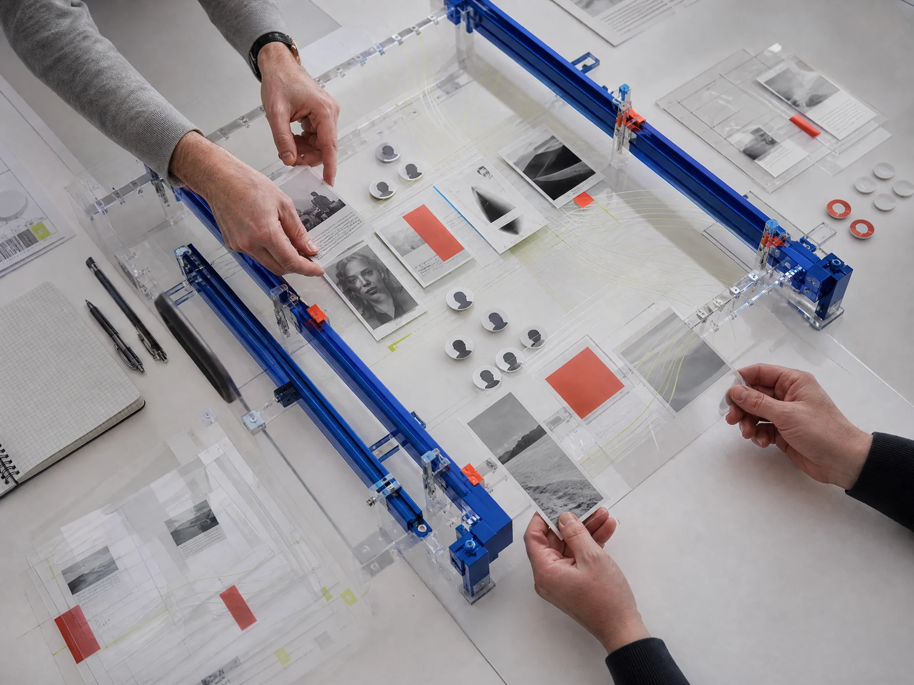 Hands arranging message cards inside a physical campaign airflow rig