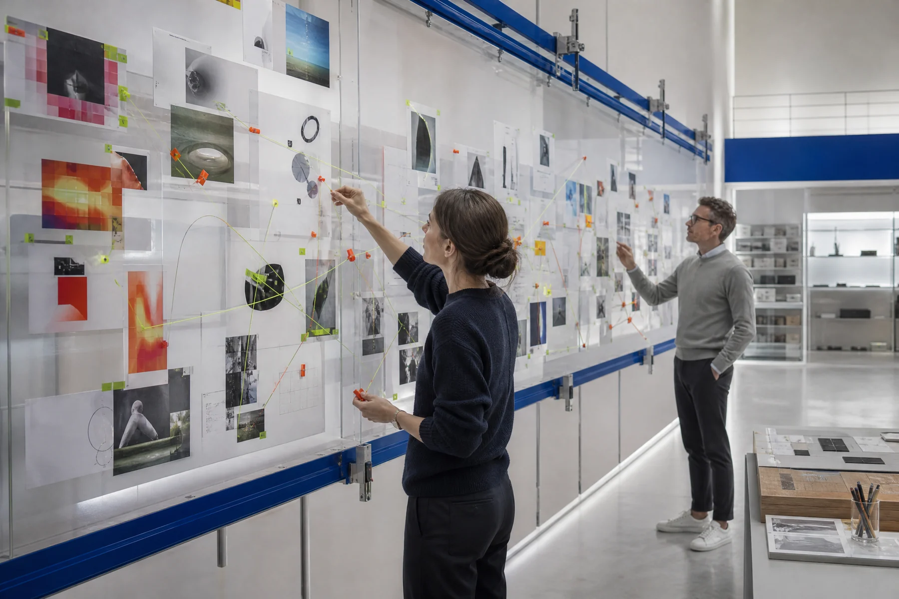Campaign analysts comparing evidence clusters on a debrief wall
